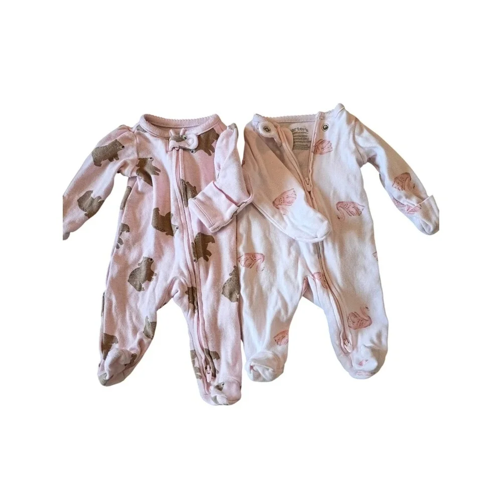 Carters Child of Mine Preemie Sleep and Play 2 Pack Pink Bear Swan FootedPajamas